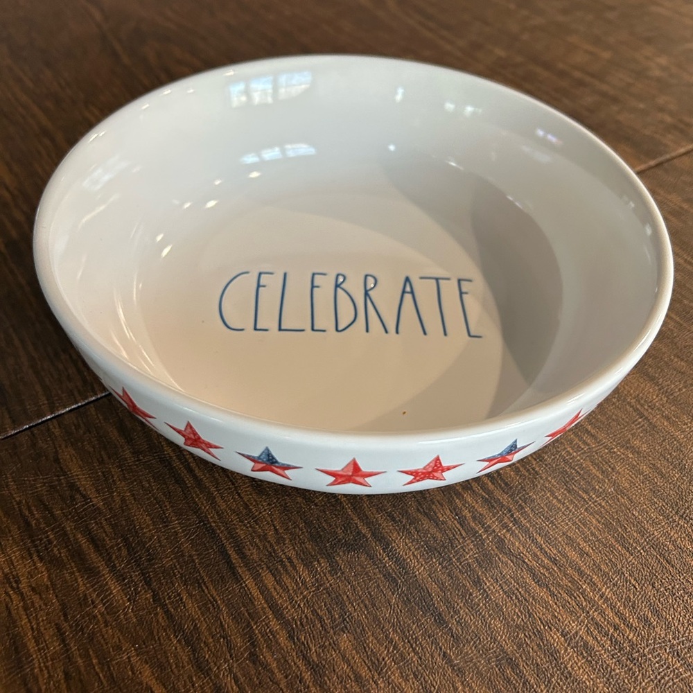 Rae Dunn Celebrate Ceramic Bowl with Red and Blue Stars